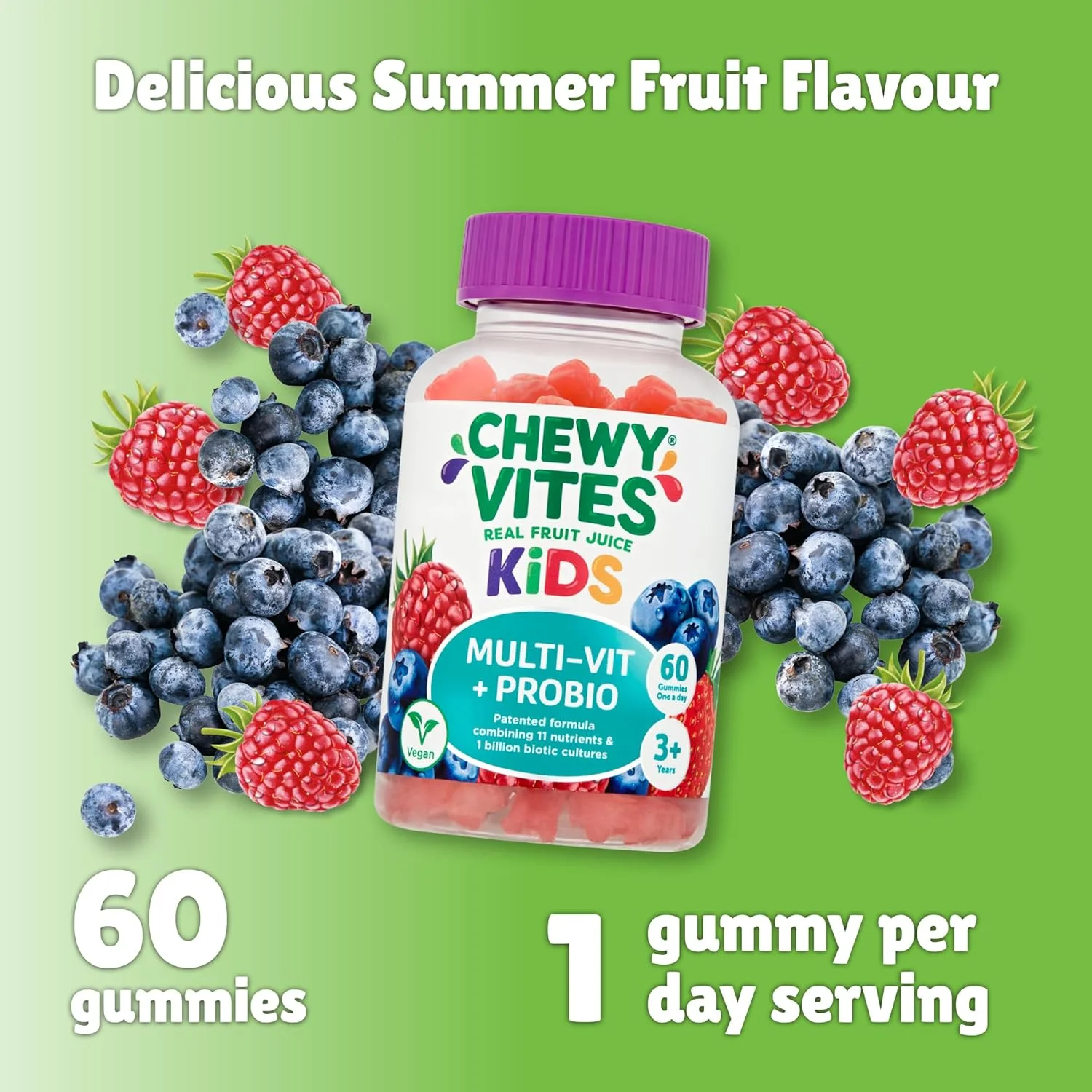 جویدنی ویتس کودکان | مولتی ویت و پروبیوتیک 60 ویتامین پاستیلی | 11 ماده مغذی ضروری | 1 میلیارد کشت | تامین 2 ماهه | آب میوه واقعی | وگان | 3 سال به بالا