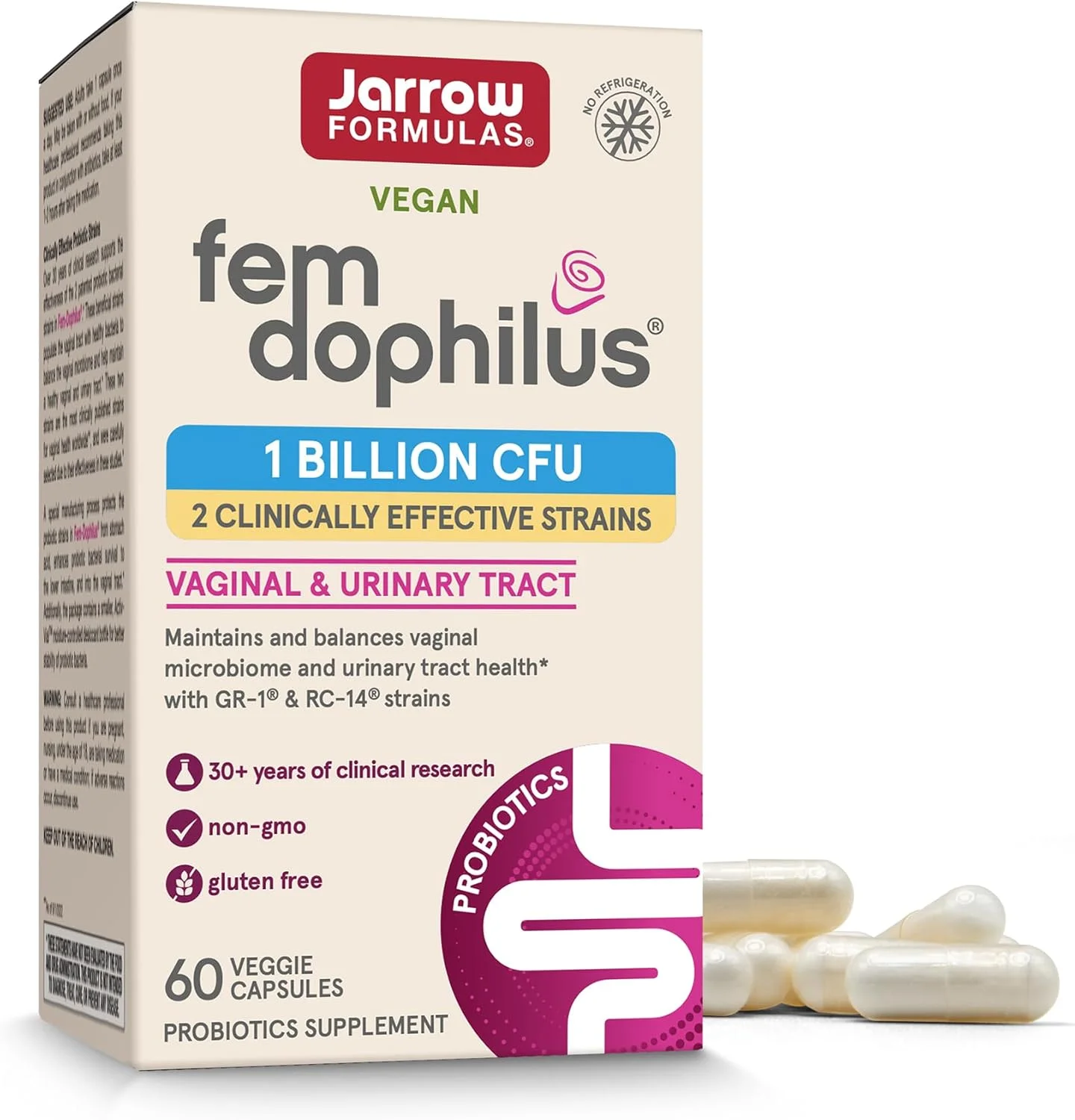 مکمل غذایی پروبیوتیک Fem-Dophilus Jarrow Formulas، 1 میلیارد CFU با 2 سویه موثر بالینی، برای حمایت از دستگاه ادراری، 60 کپسول گیاهی، تامین 60 روزه