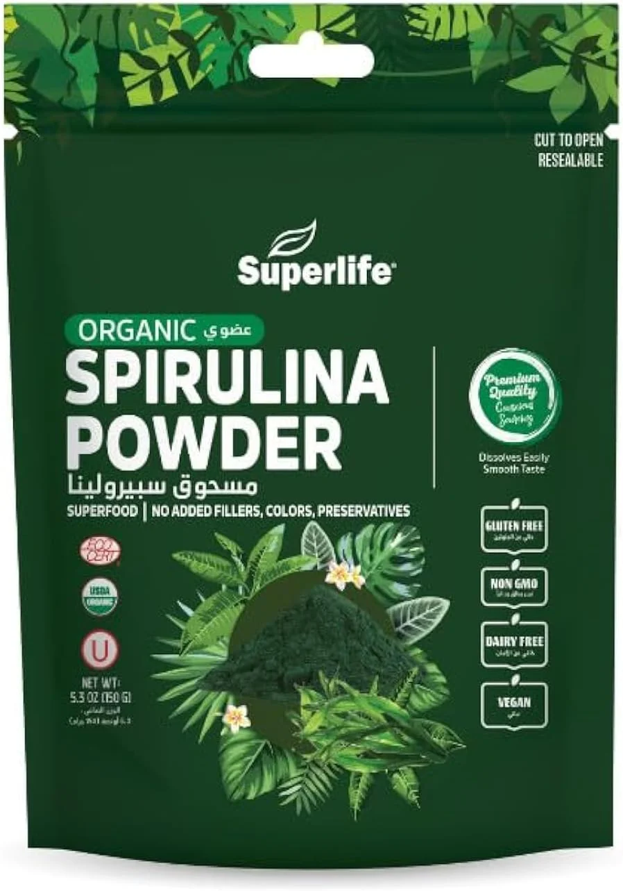 پودر اسپیرولینا ارگانیک سوپرلایف | جلبک سبز آبی ارگانیک و پاک | منبع عالی ویتامین B12، ویتامین A و آهن | تهیه آگاهانه سوپرفودهای ممتاز | 150 گرم