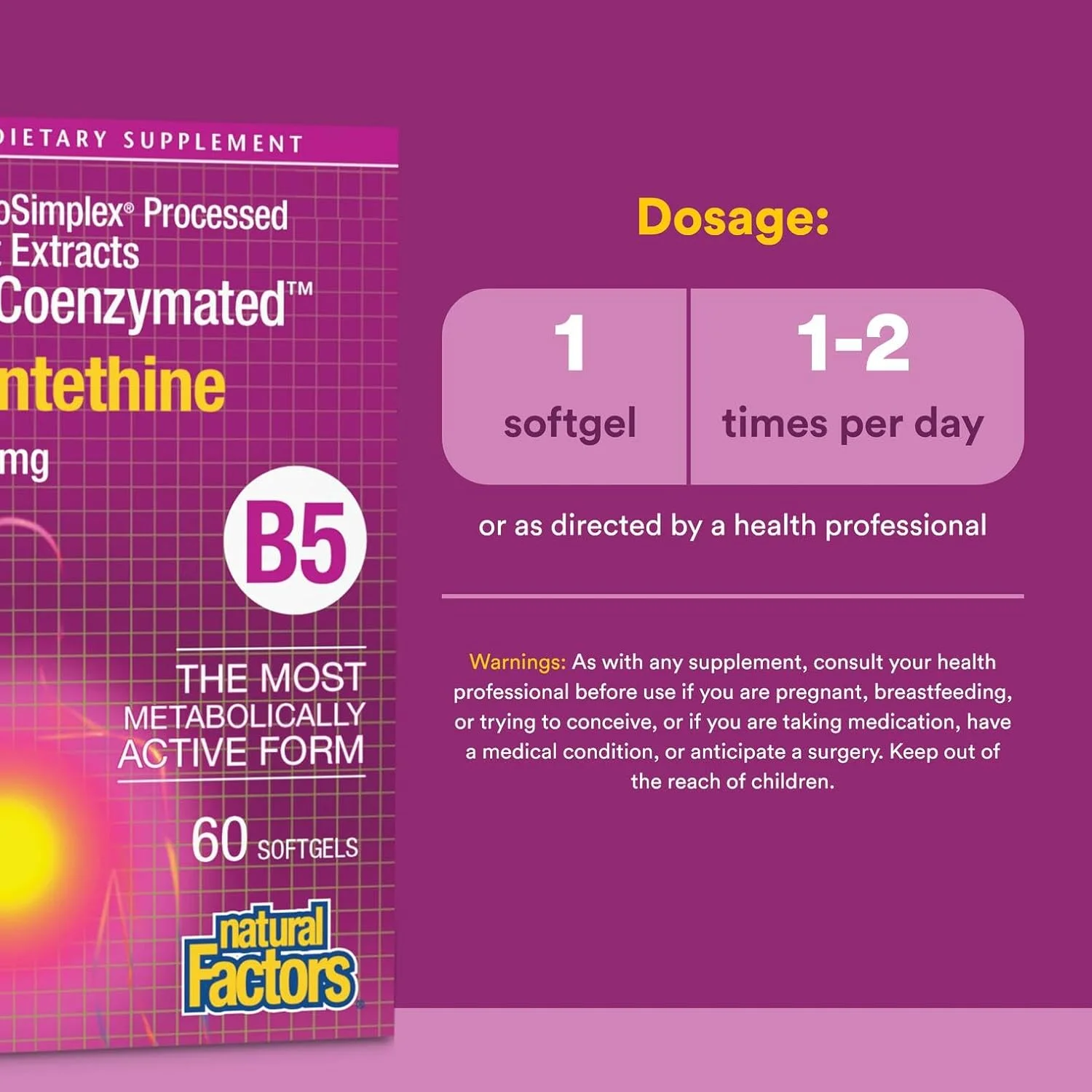 پانتتین بیوکوآنزیماتید B5 Natural Factors، 450 میلی گرم، 60 سافت ژل