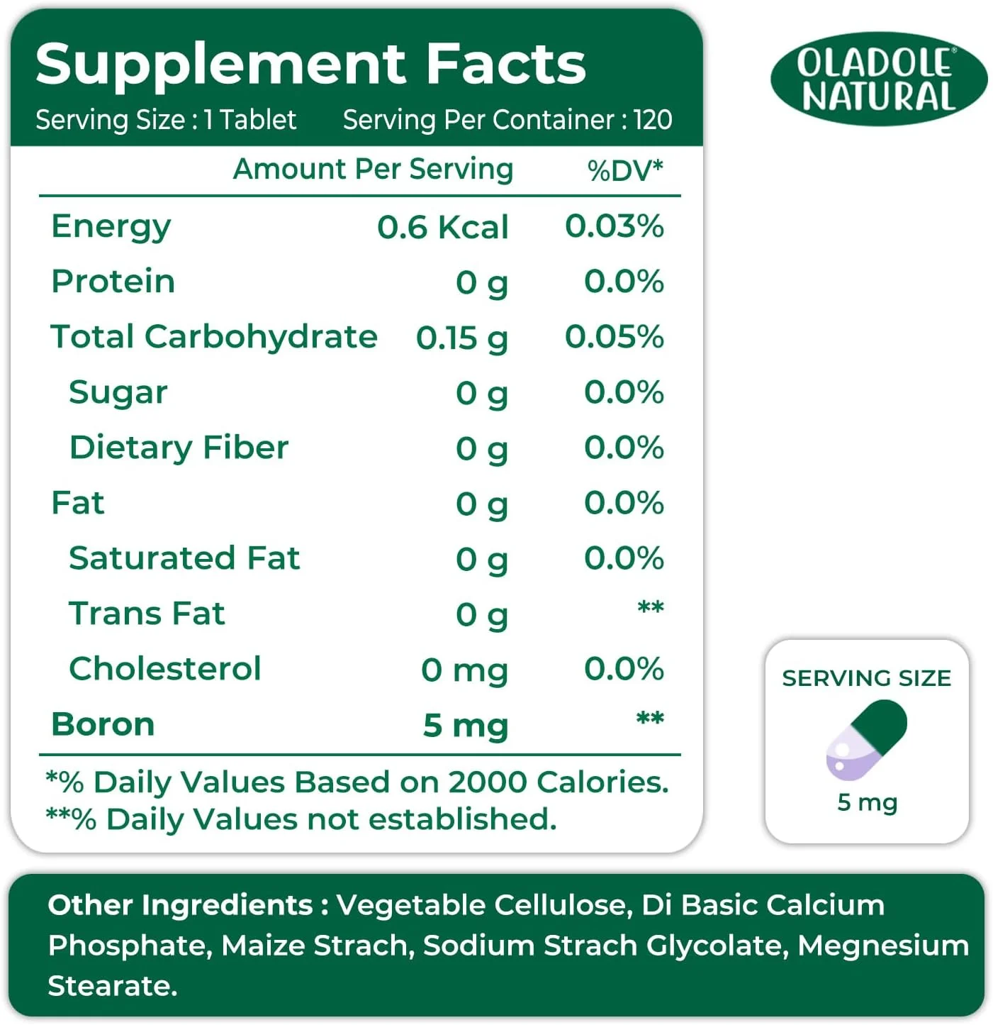 اولادول نچرال بورون - 5 میلی گرم (120 قرص) | حاوی مواد معدنی کمیاب ضروری برای سلامت استخوان، پشتیبانی از مفاصل، سلامت متابولیسم، تعادل هورمونی، سلامت سیستم ایمنی و عملکرد عضلات | غیر GMO، بدون گلوتن اولادول نچرال بورون - 5 میلی گرم (120 قرص) | حاوی مواد معدنی کمیاب ضروری برای سلامت استخوان، پشتیبانی از مفاصل، سلامت متابولیسم، تعادل هورمونی، سلامت سیستم ایمنی و عملکرد عضلات | غیر GMO، بدون گلوتن