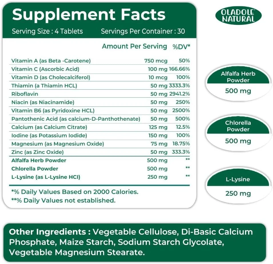 اولادول تقویت کننده طبیعی قد - 120 قرص | مکمل رشد برای بهبود قد، سلامت استخوان، گوارش، عضله و دندان | حاوی پودر گیاه یونجه، پودر کلرلا و ال-لیزین | غیر تراریخته