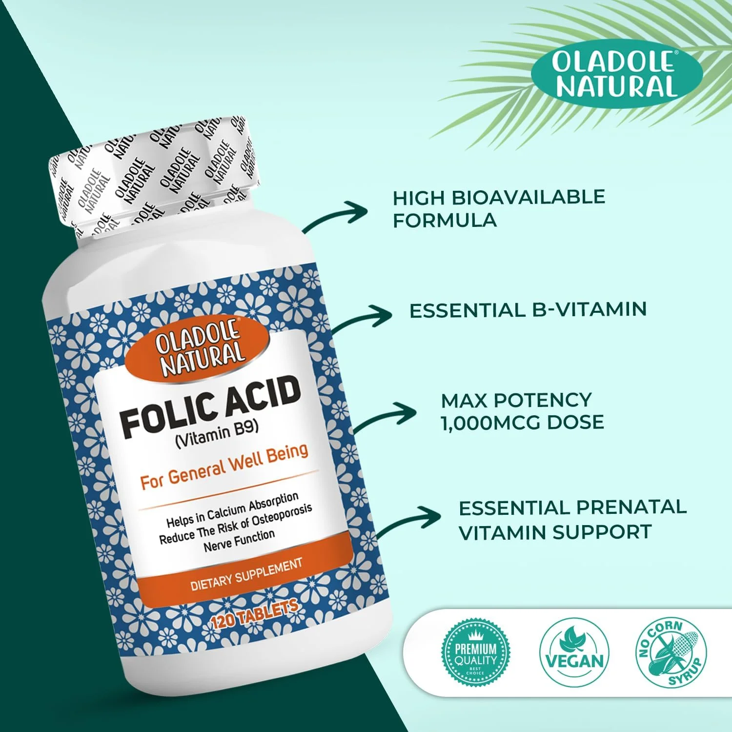 اولادول نچرال فولیک اسید - 1000 میکروگرم (120 قرص) | ویتامین B9 ضروری برای سلامت قلب و انرژی، سلامت سیستم ایمنی، جذب کلسیم، بهبود عملکرد اعصاب | غیر تراریخته، بدون گلوتن اولادول نچرال فولیک اسید - 1000 میکروگرم (120 قرص) | ویتامین B9 ضروری برای سلامت قلب و انرژی، سلامت سیستم ایمنی، جذب کلسیم، بهبود عملکرد اعصاب | غیر تراریخته، بدون گلوتن