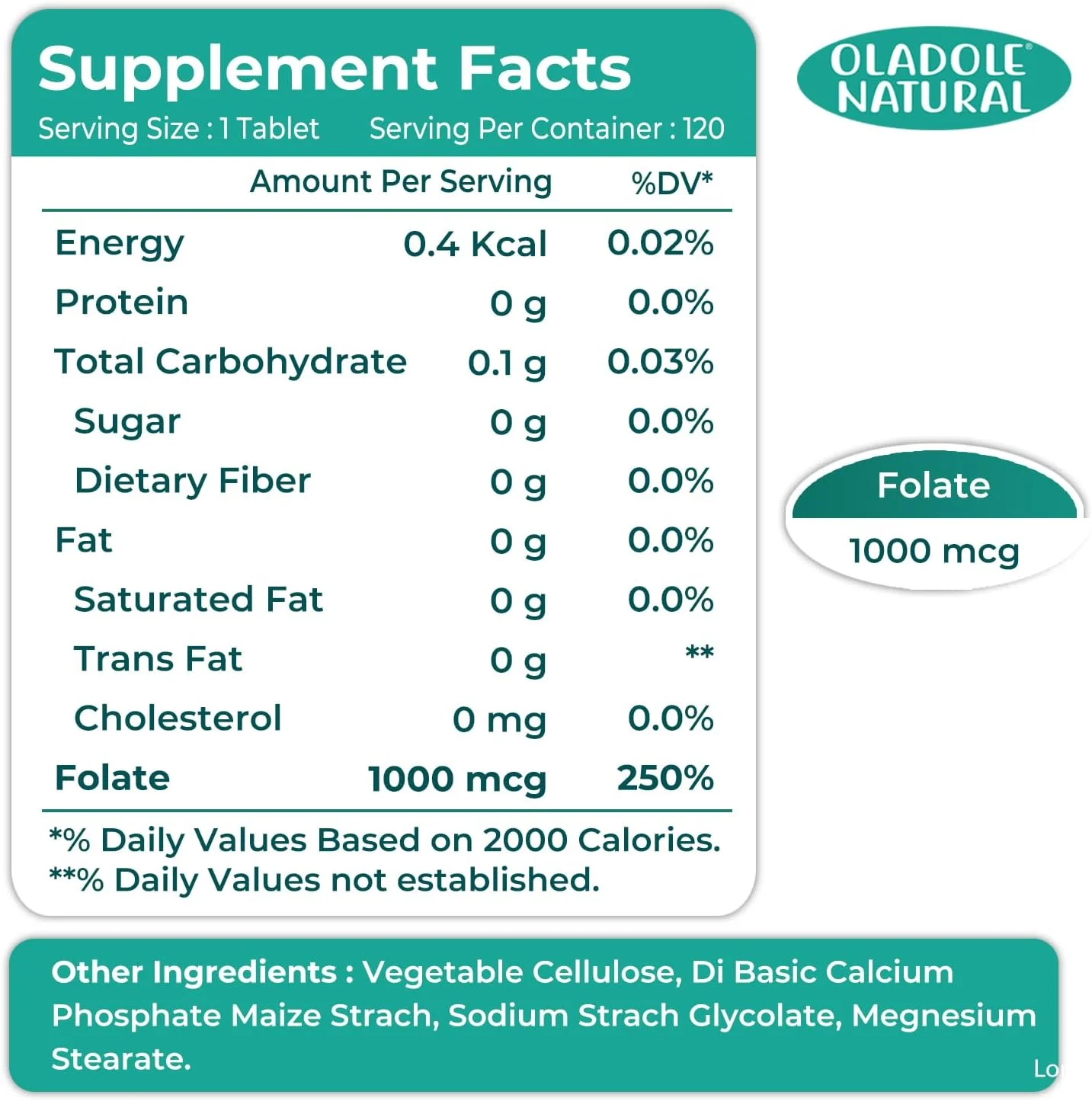 اولادول نچرال فولیک اسید - 1000 میکروگرم (120 قرص) | ویتامین B9 ضروری برای سلامت قلب و انرژی، سلامت سیستم ایمنی، جذب کلسیم، بهبود عملکرد اعصاب | غیر تراریخته، بدون گلوتن اولادول نچرال فولیک اسید - 1000 میکروگرم (120 قرص) | ویتامین B9 ضروری برای سلامت قلب و انرژی، سلامت سیستم ایمنی، جذب کلسیم، بهبود عملکرد اعصاب | غیر تراریخته، بدون گلوتن