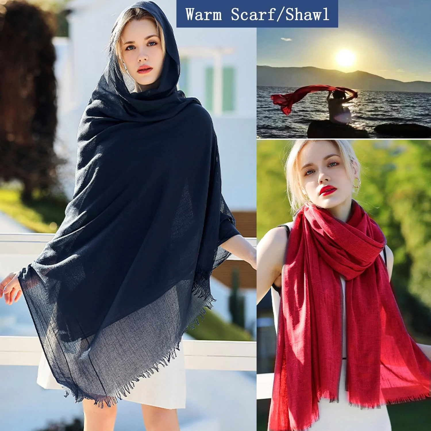 شال بلند زنانه، روسری نخی-کتانی، شال های نرم رنگ خالص، سربند راحت و قابل تنفس، شال و پوشش بسیار بزرگ مناسب بیرون/ساحل 185X130 سانتی متر