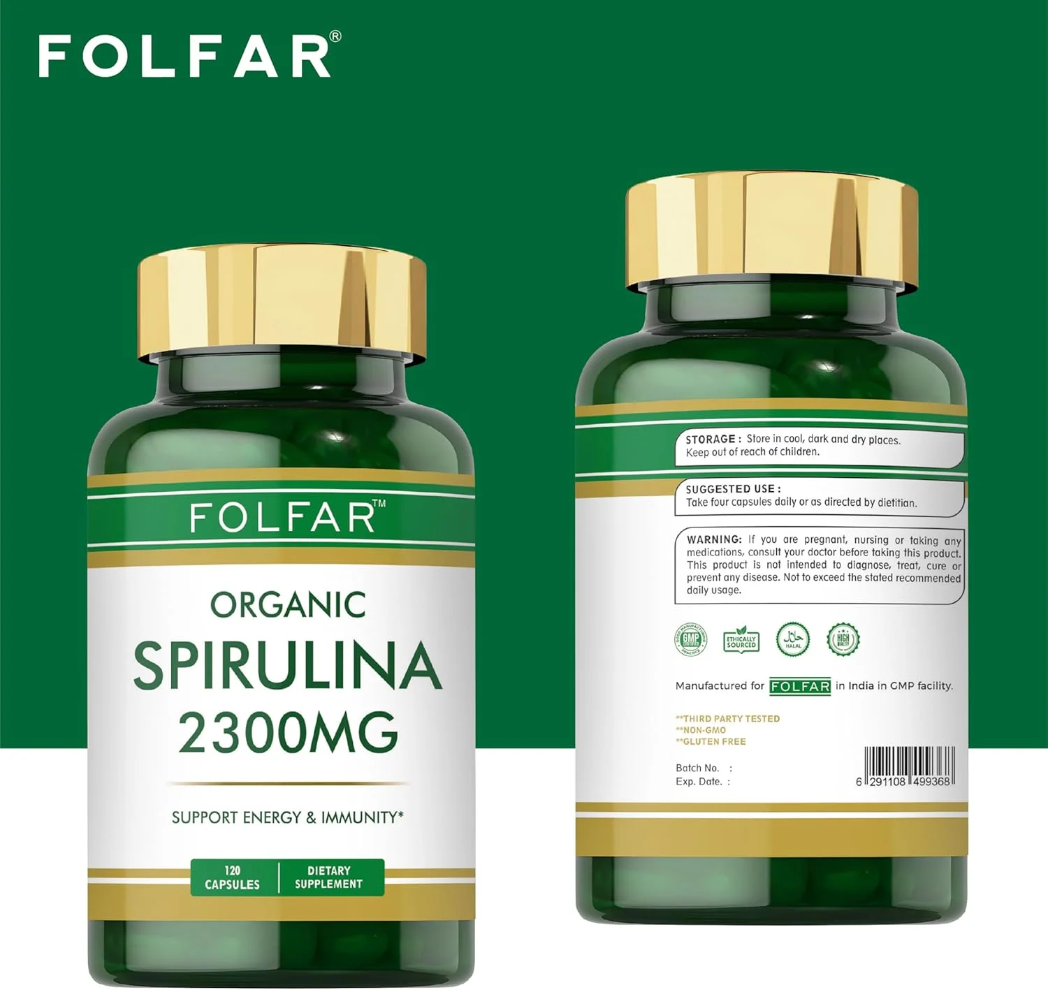 اسپیرولینا ارگانیک 2300 میلی گرم - 120 کپسول | افزایش انرژی، ایمنی و متابولیسم | پشتیبانی از سم زدایی، دفاع آنتی اکسیدانی و سلامت کلی | سوپرفود مغذی برای نشاط | غیر GMO