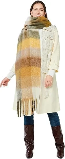 شال پشمی بزرگ زنانه با طرح چهارخانه رنگی، شال گرم مناسب زمستان