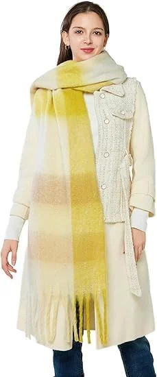 شال پشمی بزرگ زنانه با طرح چهارخانه رنگی، شال گرم مناسب زمستان