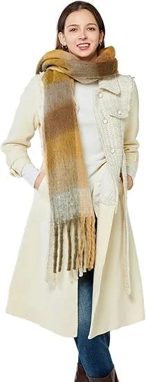 شال پشمی بزرگ زنانه با طرح چهارخانه رنگی، شال گرم مناسب زمستان