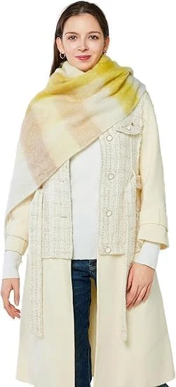 شال پشمی بزرگ زنانه با طرح چهارخانه رنگی، شال گرم مناسب زمستان