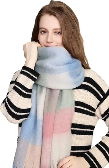 شال پشمی بزرگ زنانه با طرح چهارخانه رنگی، شال گرم مناسب زمستان