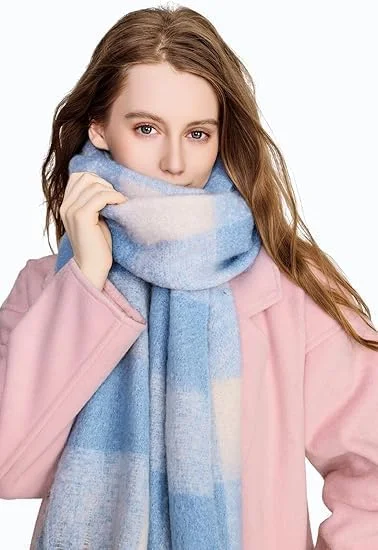 شال پشمی بزرگ زنانه با طرح چهارخانه رنگی، شال گرم مناسب زمستان