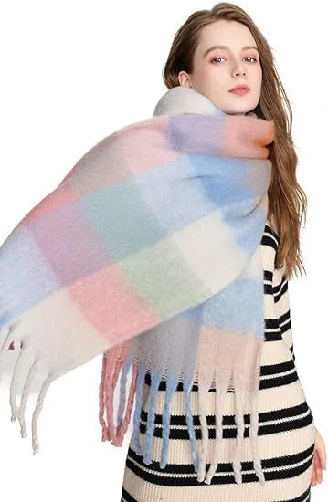 شال پشمی بزرگ زنانه با طرح چهارخانه رنگی، شال گرم مناسب زمستان