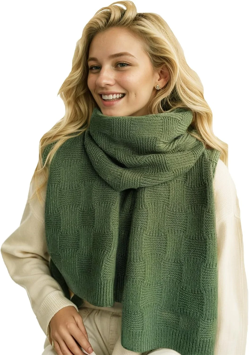 شال گردن زنانه سبز، بافت ضخیم زمستانی، شال بلند و بزرگ، شال گردن گرم زمستانی