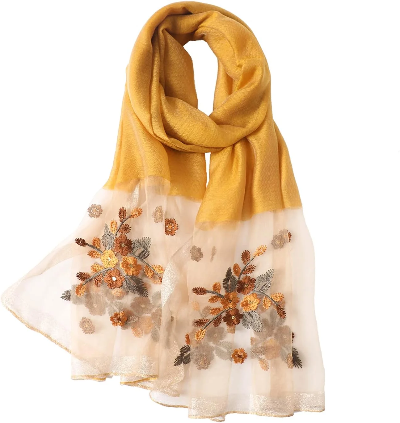 شال ابریشمی زنانه WINCESS YU، شال سبک وزن با گلدوزی طرح گل، شال ساحلی توری مناسب تمام فصول