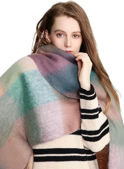 شال پشمی بزرگ زنانه با طرح چهارخانه رنگی، شال گرم مناسب فصل زمستان