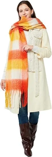 شال پشمی بزرگ زنانه با طرح چهارخانه رنگی، شال گرم مناسب زمستان
