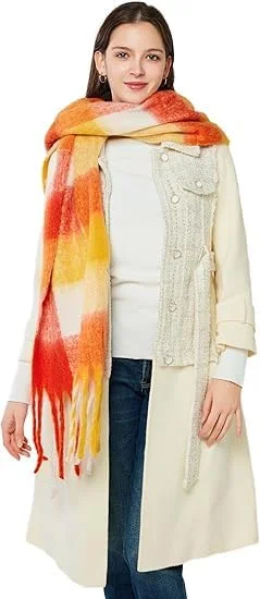 شال پشمی بزرگ زنانه با طرح چهارخانه رنگی، شال گرم مناسب زمستان