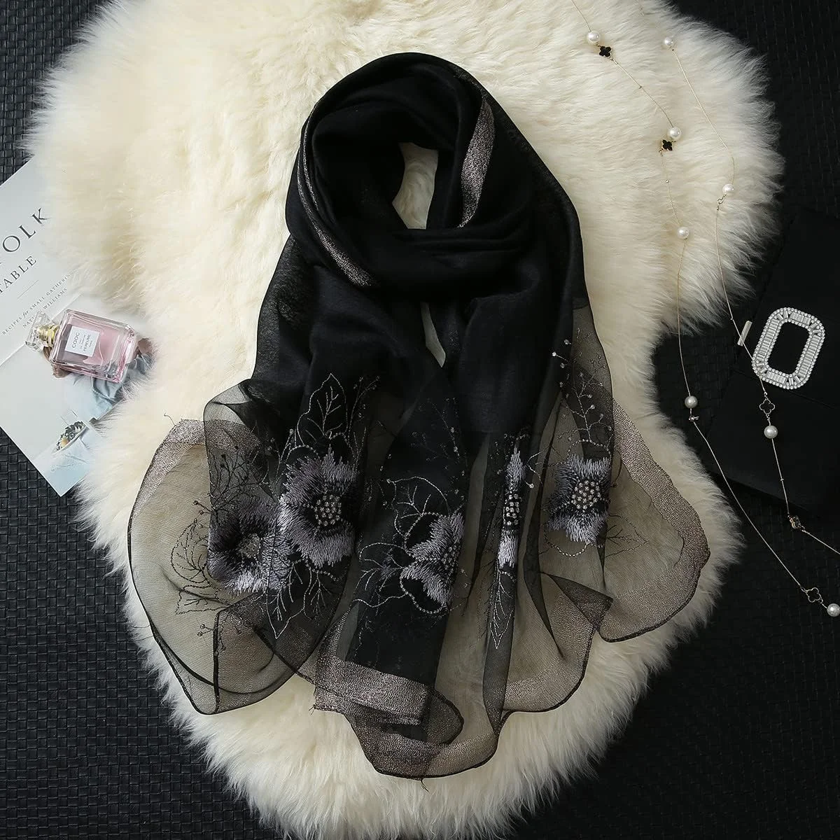 شال و روسری ابریشم توت زنانه WINCESS YU، شال و پوشش گردن طرح گلدوزی شده گلدار بزرگ و بلند برای مو و گردن