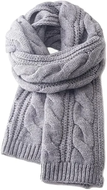 شال گردن بافتنی ضخیم زمستانی زنانه و مردانه، شال بلند و گرم، شال بزرگ تک رنگ، شال مد روز (خاکستری روشن)