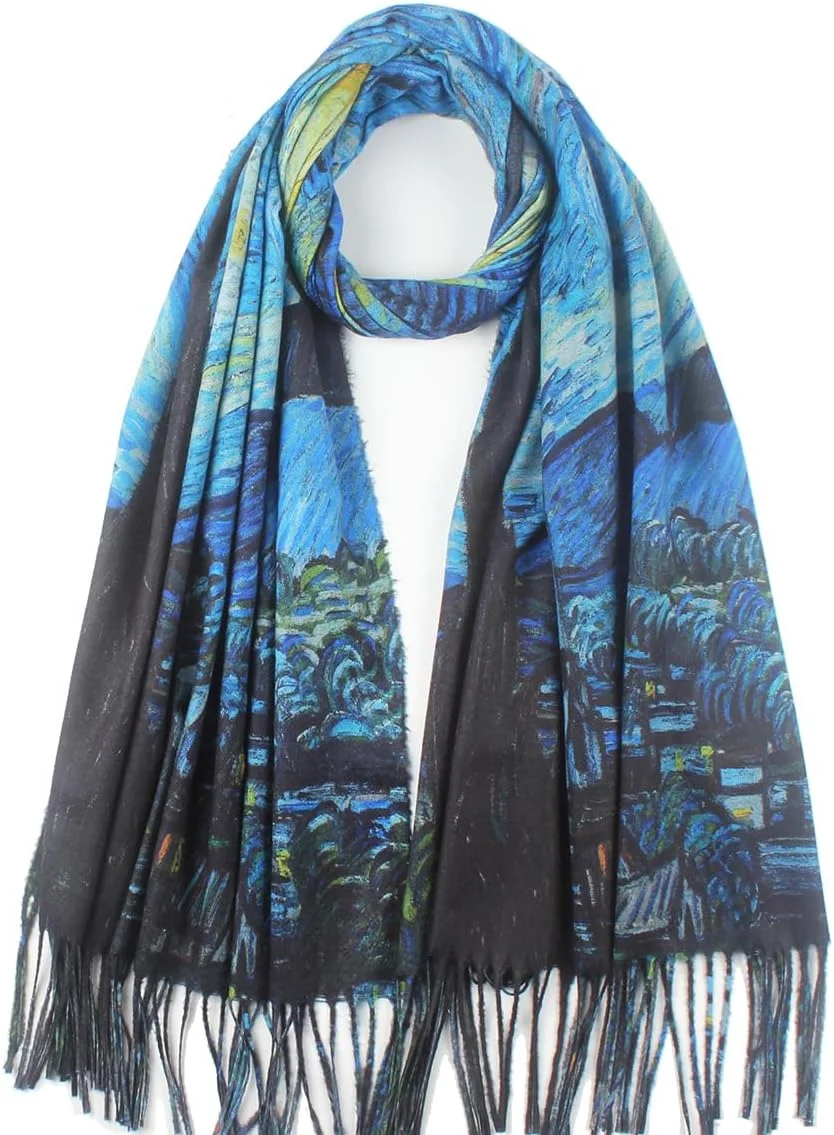 شال نرم و لطیف زنانه، شال گردن زمستانی گرم، شال بزرگ با طرح های هنری مونه و ونگوگ