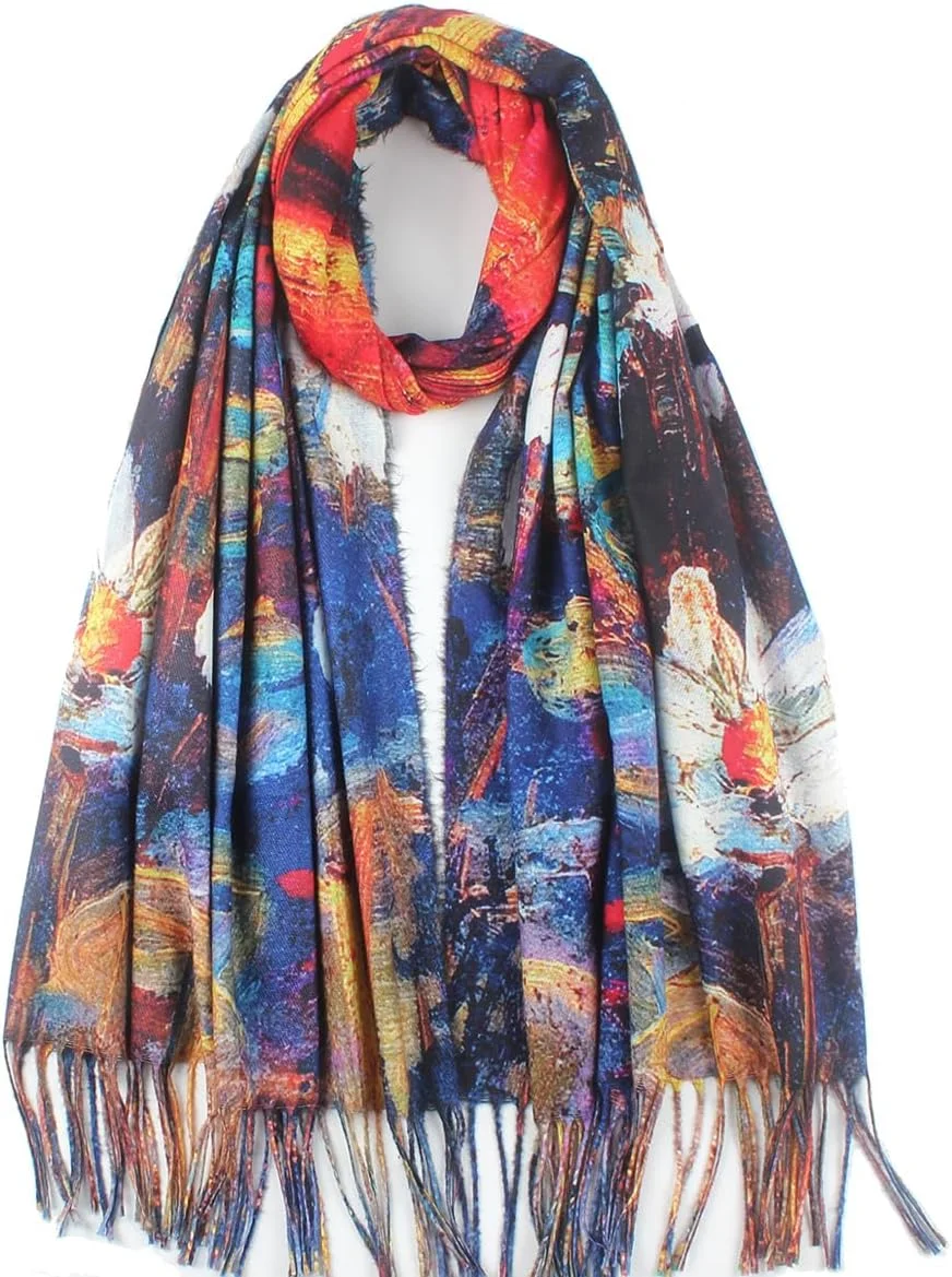 شال زنانه نرم و لطیف با طرح های هنری مونه و ونگوگ، C01، سایز آزاد