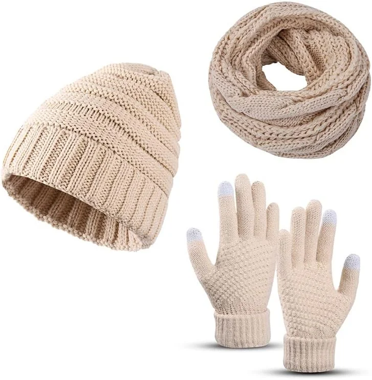 ست کلاه بافتنی، شال گردن و دستکش زنانه مناسب فصل زمستان، کلاه های پشمی، دستکش های صفحه لمسی، شال گردن بلند 3 تکه مناسب هوای سرد، هدیه زمستانی، سایز آزاد