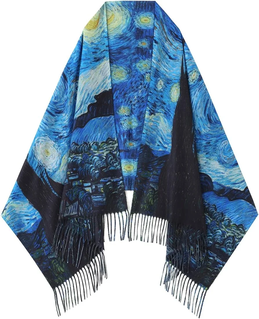 شال نرم و لطیف زنانه، شال گردن زمستانی گرم، شال بزرگ با طرح های هنری مونه و ونگوگ