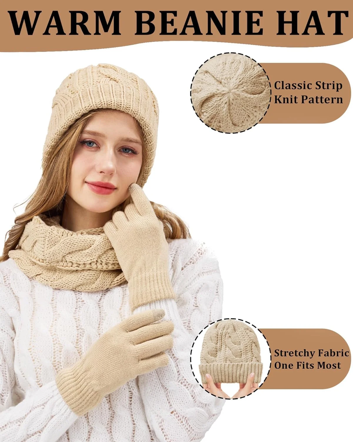 ست کلاه بافتنی، شال گردن و دستکش زنانه مناسب فصل زمستان، کلاه های پشمی، دستکش های صفحه لمسی، شال گردن بلند 3 تکه مناسب هوای سرد، هدیه زمستانی، سایز آزاد