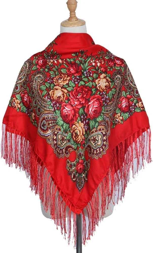 شال بزرگ مربع طرح گل صد تومانی به سبک روسی، منگوله دار، مناسب بانوان، شال گرم نخی به سبک سنتی مکزیکی