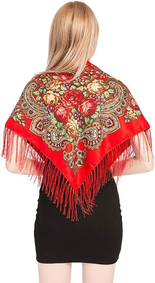 شال بزرگ مربع طرح گل صد تومانی به سبک روسی، منگوله دار، مناسب بانوان، شال گرم نخی به سبک سنتی مکزیکی