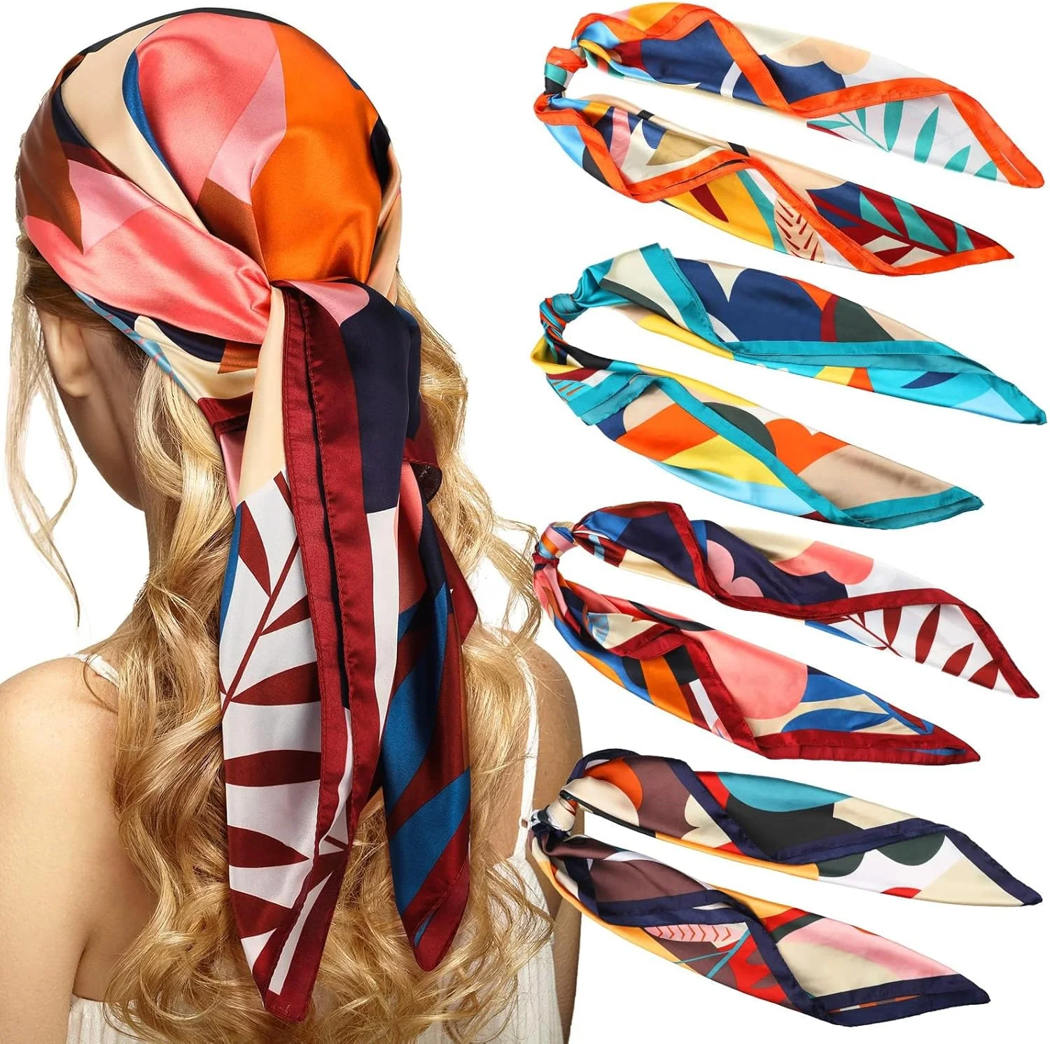 ست 4 عددی روسری ساتن بزرگ طرح مربع Tazweeq، روسری موی ساتن زنانه، روسری ابریشمی برای پیچیدن مو هنگام خواب (90x90 سانتی متر)