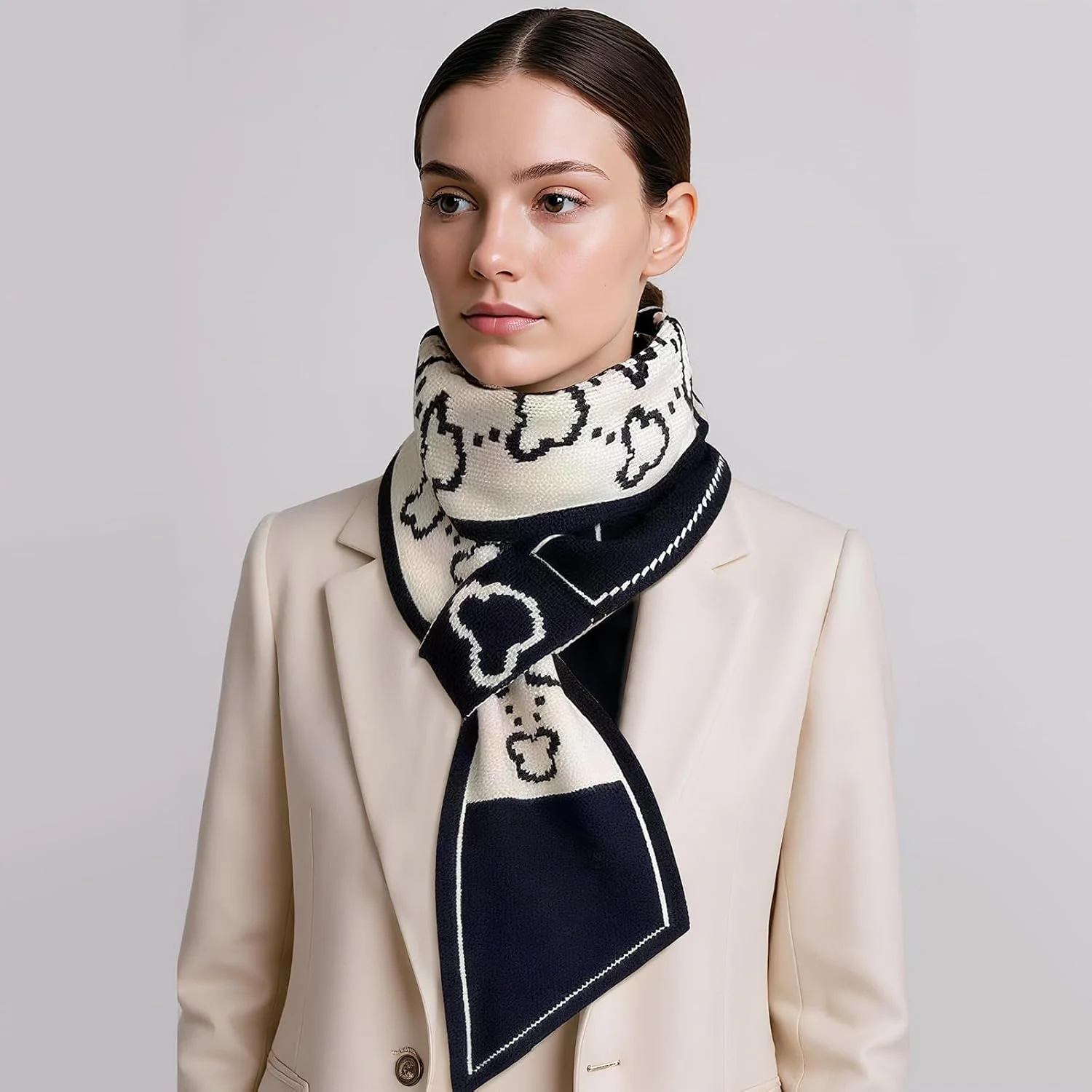 شال گردن بافتنی باریک زنانه طرح زمستانی، طرح چهارخانه و حروف، شال گردن بلند باریک و یقه گرم