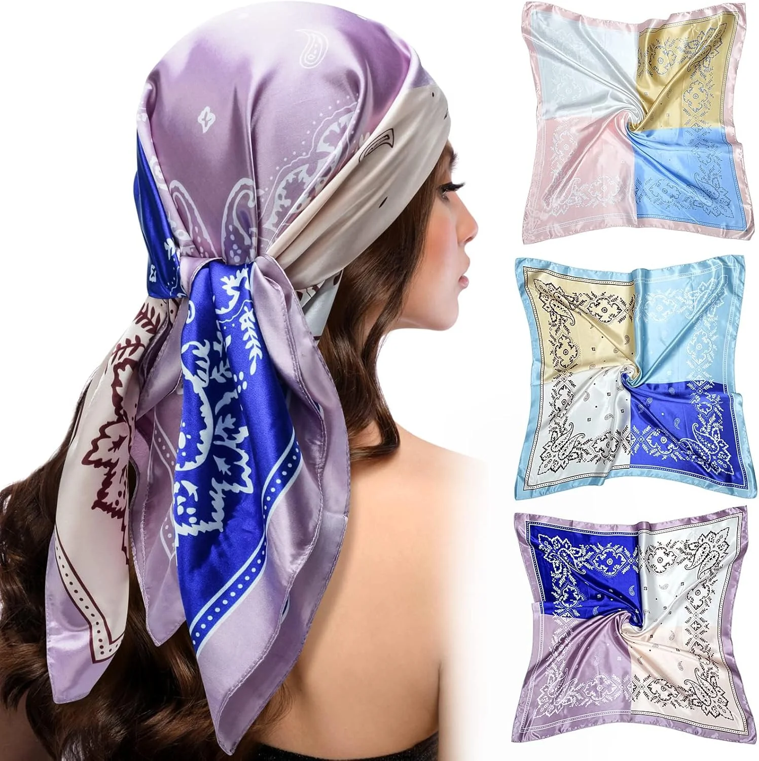 روسری های ساتن مربعی تزویق، روسری یا شال ساتن زنانه، روسری های بافت ابریشمی، سربند بوهمی، 3 عدد