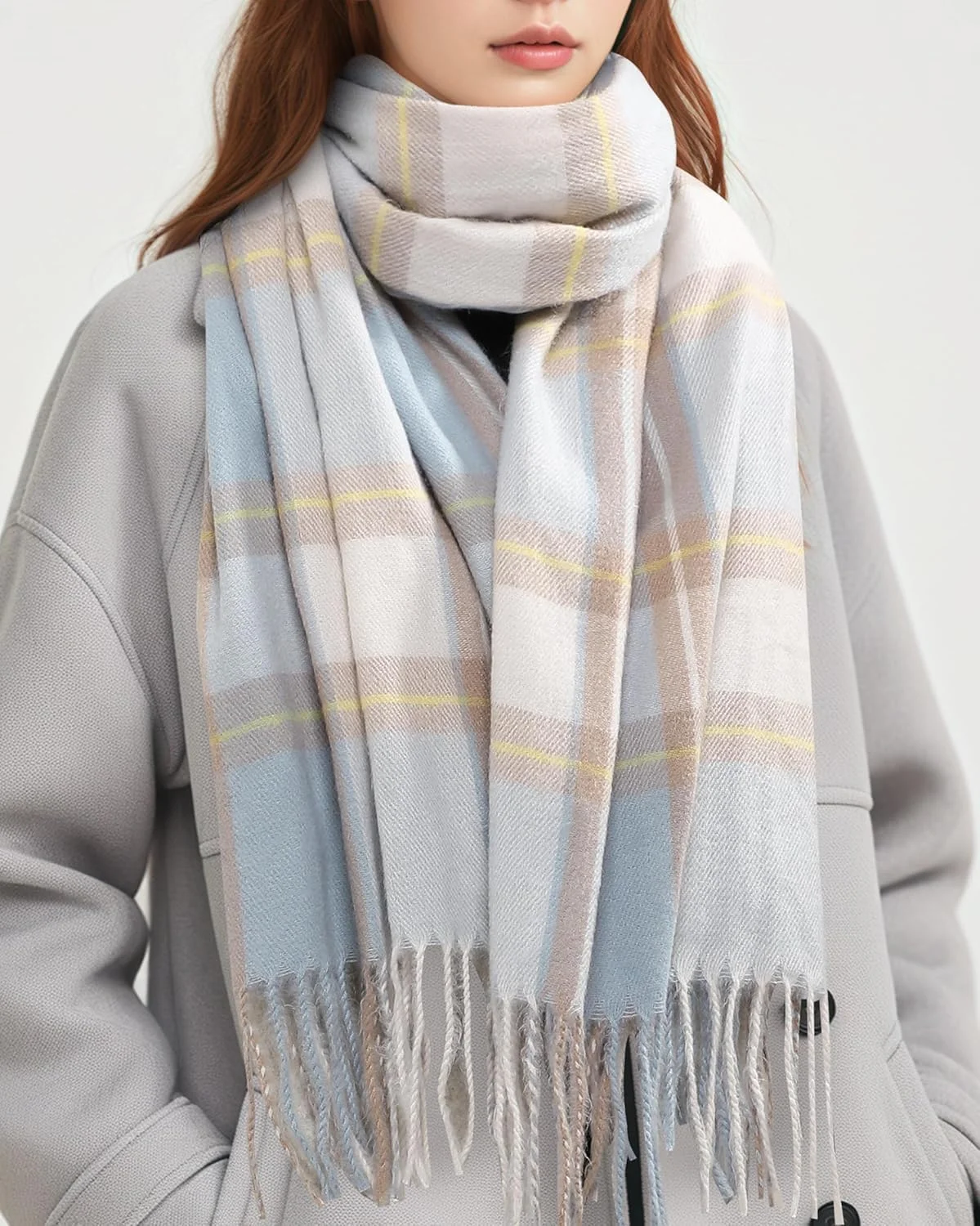 شال گردن زمستانی زنانه، شال پشمی نرم و گرم طرح چهارخانه، شال پتو بزرگ و بلند، اکسسوری شیک و راحت برای هوای سرد، 200 در 58 سانتی متر