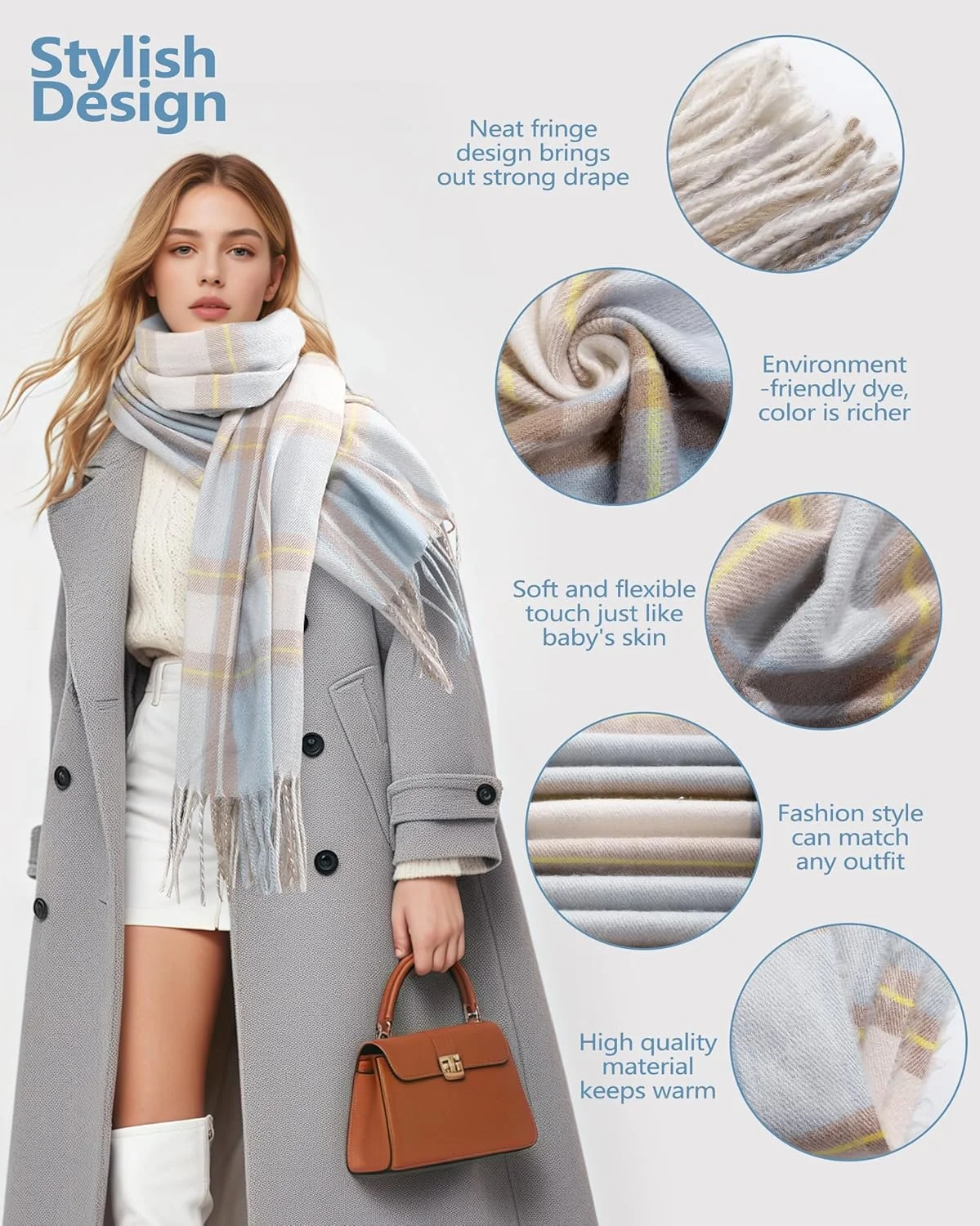 شال گردن زمستانی زنانه، شال پشمی نرم و گرم طرح چهارخانه، شال پتو بزرگ و بلند، اکسسوری شیک و راحت برای هوای سرد، 200 در 58 سانتی متر
