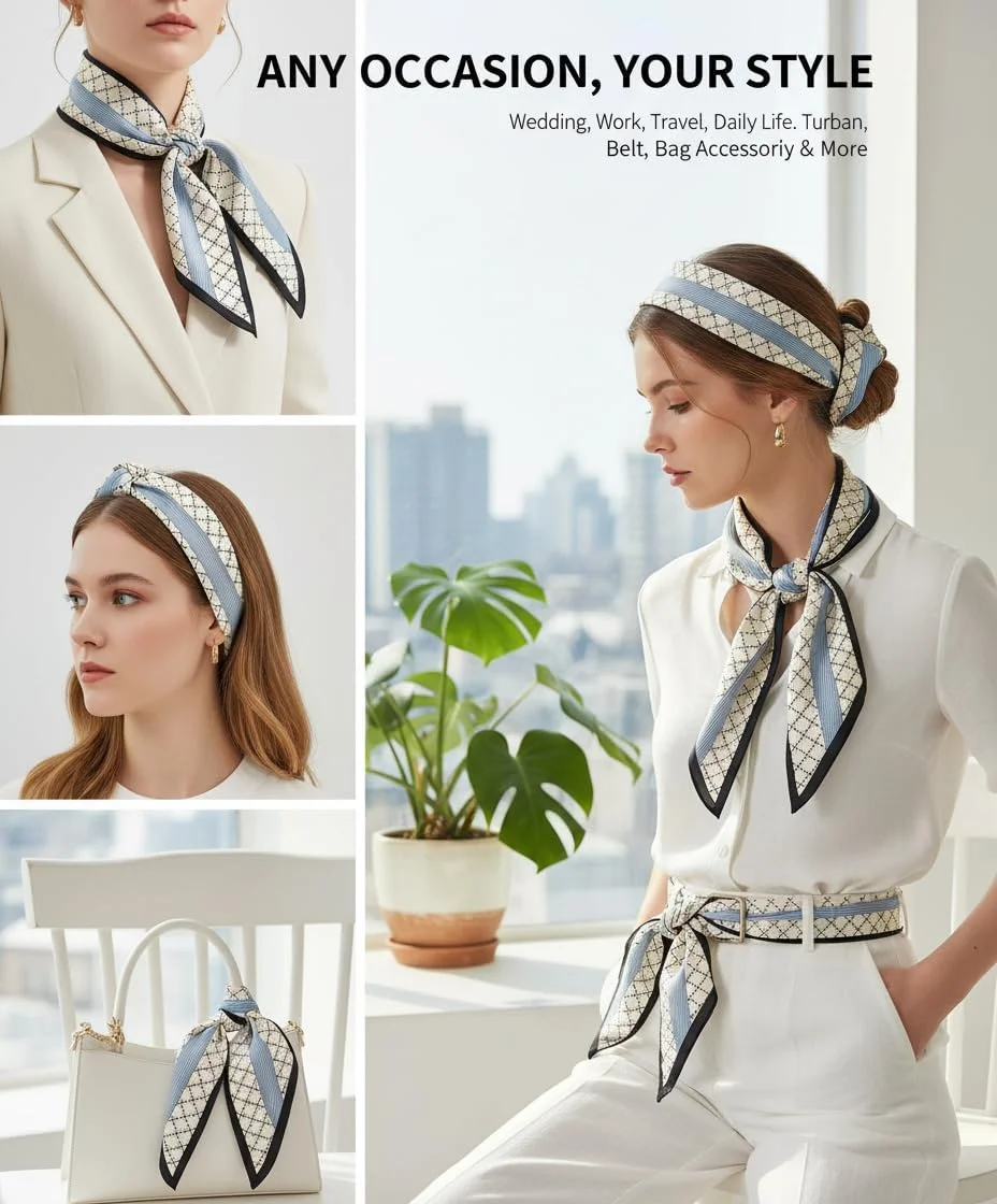 شال گردن ابریشمی، روسری طرح دار، شال های ساتن زاویه دار مورب مد روز زنانه برای موی کیف 150 در 13 سانتی متر