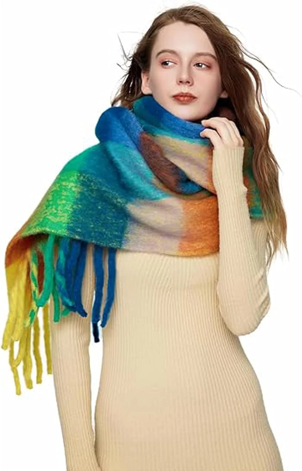 شال پشمی زنانه، شال چهارخانه بزرگ رنگی بلند ترمه، شال گرم زمستانی، شال های پتو ضخیم مناسب هوای سرد برای لباس شب عروسی (نارنجی آبی)