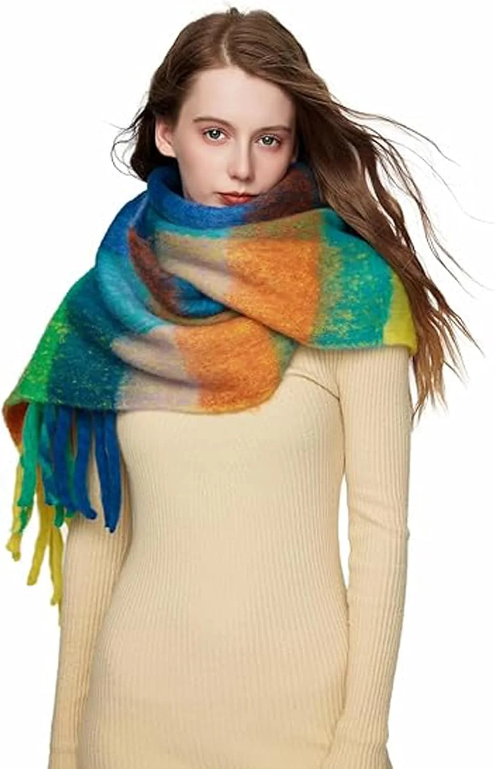 شال پشمی زنانه، شال چهارخانه بزرگ رنگی بلند ترمه، شال گرم زمستانی، شال های پتو ضخیم مناسب هوای سرد برای لباس شب عروسی (نارنجی آبی)