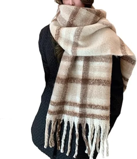 شال پشمی بزرگ و ضخیم زنانه NimbusNote، شال گردن زمستانی بزرگ، نرم و لطیف، گرم و ضخیم با طرح چهارخانه و منگوله دار، هدیه ای شیک و راحت