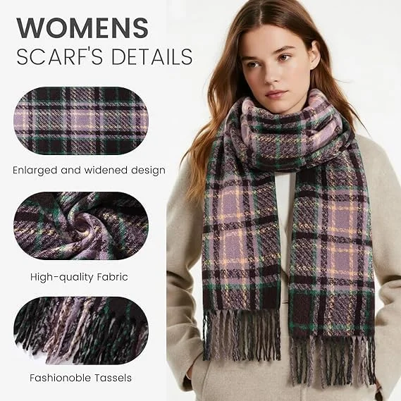 شال چهارخانه زنانه، شال زمستانی بزرگ، شال پشمی گرم و نرم با طرح شطرنجی بزرگ، حاشیه منگوله دار شیک برای هوای سرد، هدیه ای ایده آل برای کریسمس و سال نو (بنفش، 200x65 سانتی متر)