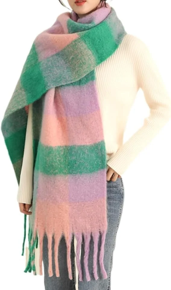 شال گردن زمستانی NimbusNote زنانه، بافتنی ضخیم، طرح چهارخانه، بلند و بزرگ، شال نرم با حس کشمیر، شال گرم با منگوله، شال پتو مد روز برای هوای سرد، صورتی سبز