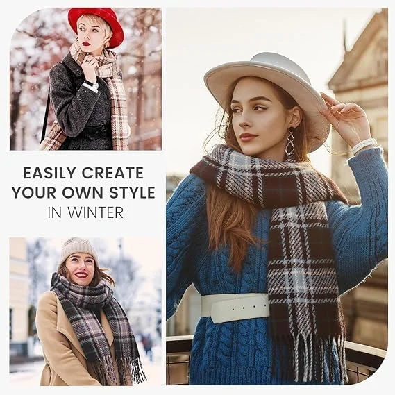 شال چهارخانه زنانه، شال زمستانی بزرگ، شال پشمی گرم و نرم با طرح شطرنجی بزرگ، حاشیه منگوله دار شیک برای هوای سرد، هدیه ای ایده آل برای کریسمس و سال نو (بنفش، 200x65 سانتی متر)