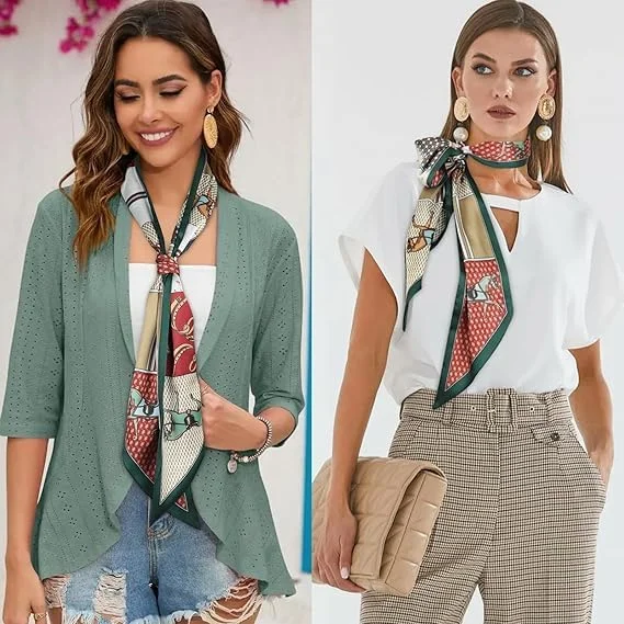 روسری ساتن ابریشم توت فرنگی طرح دار، هدبند و دستمال سر زنانه - سبک و مربع - 17 × 150 سانتی متر