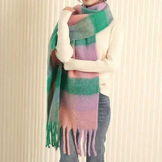 شال گردن زمستانی NimbusNote زنانه، بافتنی ضخیم، طرح چهارخانه، بلند و بزرگ، شال نرم با حس کشمیر، شال گرم با منگوله، شال پتو مد روز برای هوای سرد، صورتی سبز
