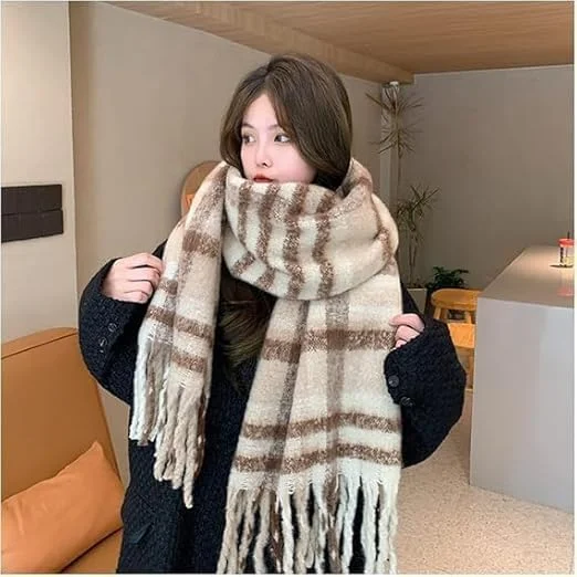 شال پشمی بزرگ و ضخیم زنانه NimbusNote، شال گردن زمستانی بزرگ، نرم و لطیف، گرم و ضخیم با طرح چهارخانه و منگوله دار، هدیه ای شیک و راحت