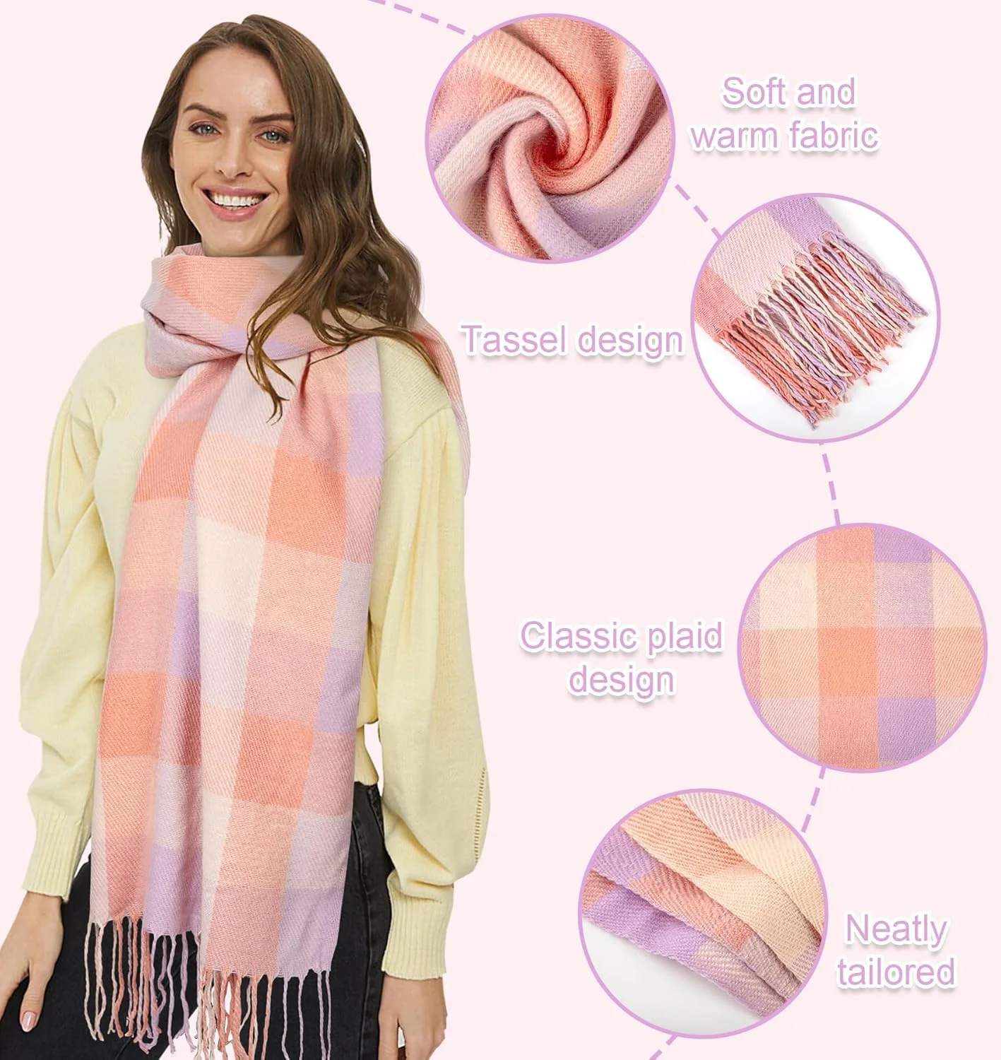 شال پشمی بلند چهارخانه زنانه، شال گرم زمستانی و پاییزی بلند مد روز، شال گردن بزرگ و ضخیم بافتنی گرم زنانه
