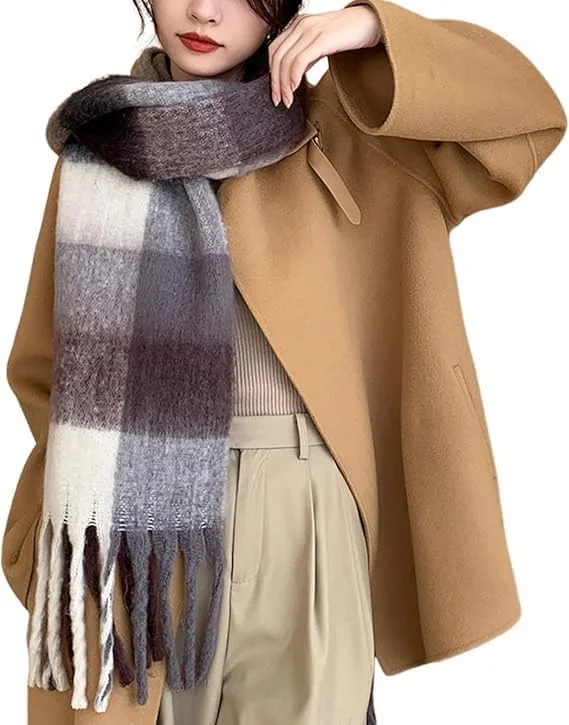 شال گردن زمستانی ضخیم زنانه - بافت گرم، طرح چهارخانه، شال بزرگ و بلند، پوشش نرم و ضخیم برای هوای سرد، شال سبک وزن ضد آفتاب برای استفاده روزانه و فضای باز