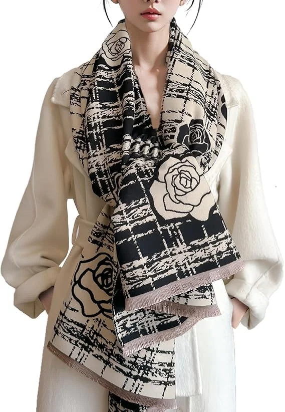 شال زمستانی زنانه KASTWAVE - شال پشمینه کشمیر دو رو با منگوله، طرح رمانتیک گل کاملیا و چهارخانه ضخیم، شال بزرگ و گرم برای هوای سرد