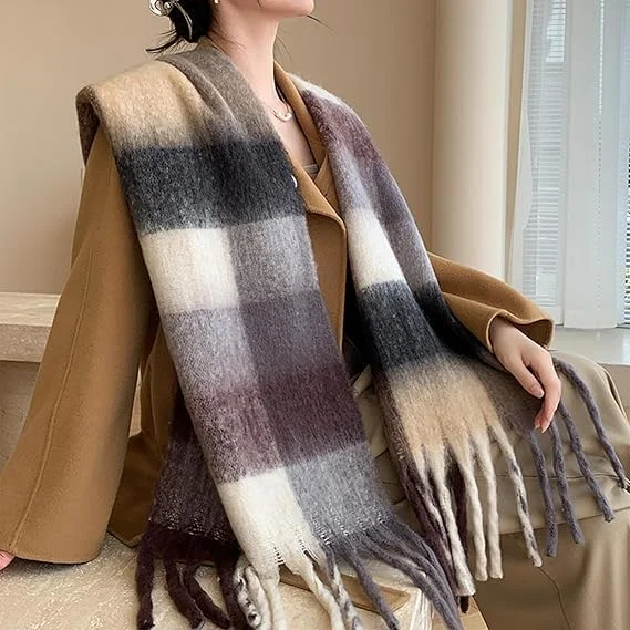 شال گردن زمستانی ضخیم زنانه - بافت گرم، طرح چهارخانه، شال بزرگ و بلند، پوشش نرم و ضخیم برای هوای سرد، شال سبک وزن ضد آفتاب برای استفاده روزانه و فضای باز
